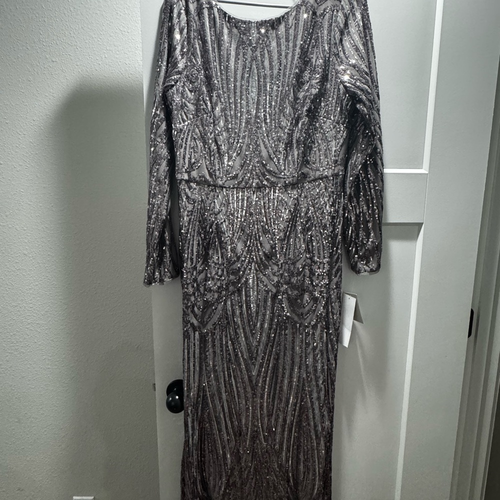 Papell Silver Sequin Long Sleeve Gown